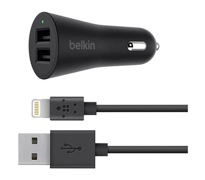 CARREGADOR DE ISQUEIRO BELKIN BOOST UP 2USB+CABO LIGHTNING BLACK