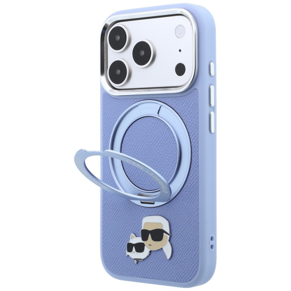 Capa Karl Lagerfeld PU Grained K&CH Heads Ring Stand Magsafe iPhone 17 Pro/18 Pro Azul Glaciar