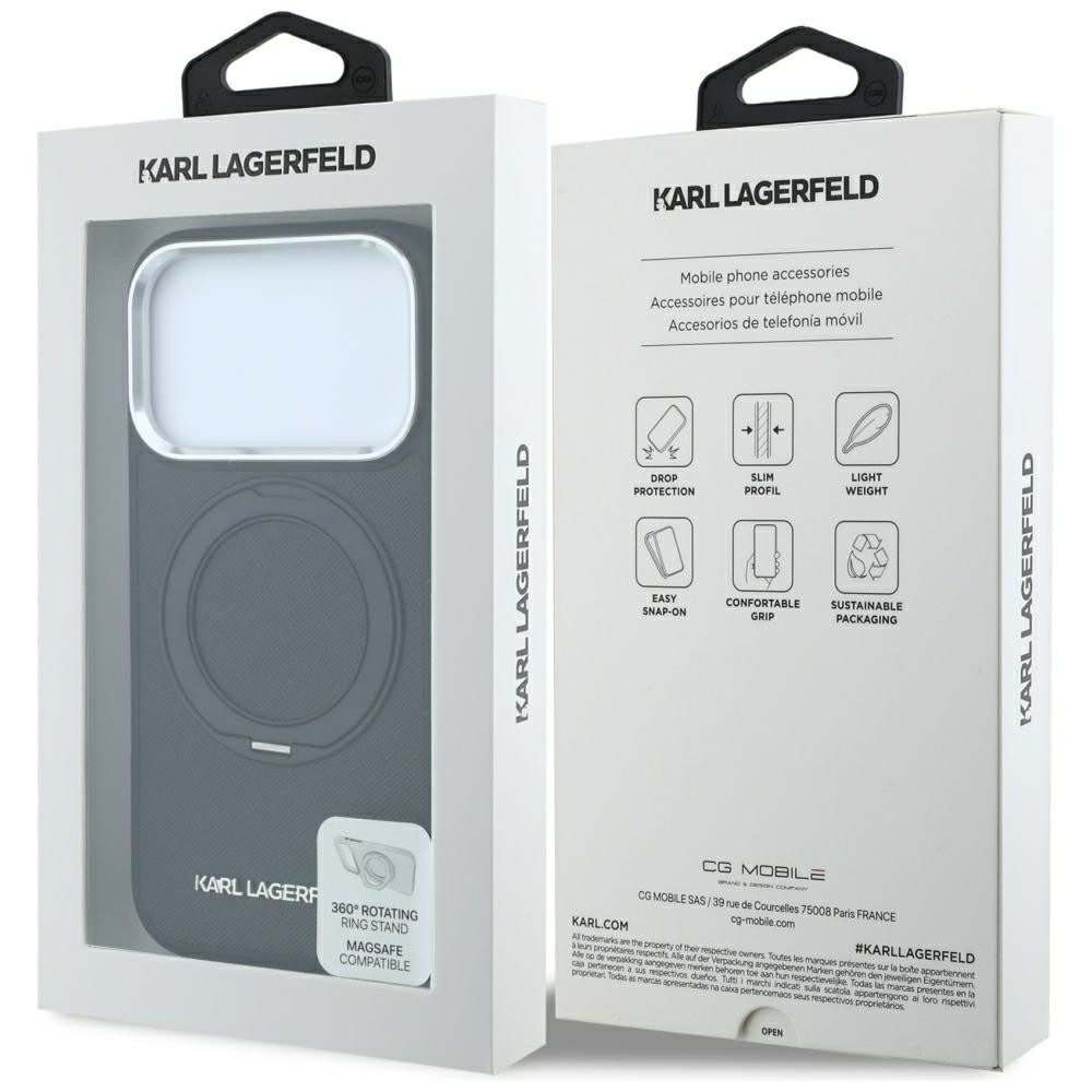 Capa Karl Lagerfeld PU Grained K&CH Heads Ring Stand Magsafe iPhone 17 Pro/18 Pro Preto