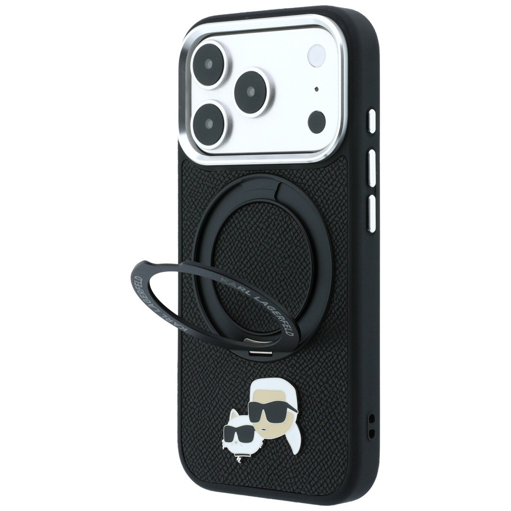 Capa Karl Lagerfeld PU Grained K&CH Heads Ring Stand Magsafe iPhone 17 Pro/18 Pro Preto