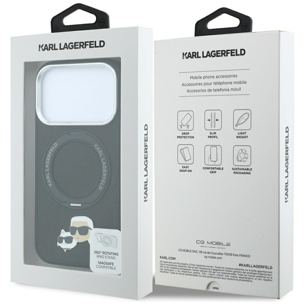 Capa Karl Lagerfeld PU Grained K&CH Heads Ring Stand Magsafe iPhone 17 Pro/18 Pro Preto