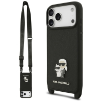 Capa Karl Lagerfeld  Saffiano Crossbody Strap Metal Karl and Choupette iPhone 17 Pro Max/ 18 Pro Max Preto