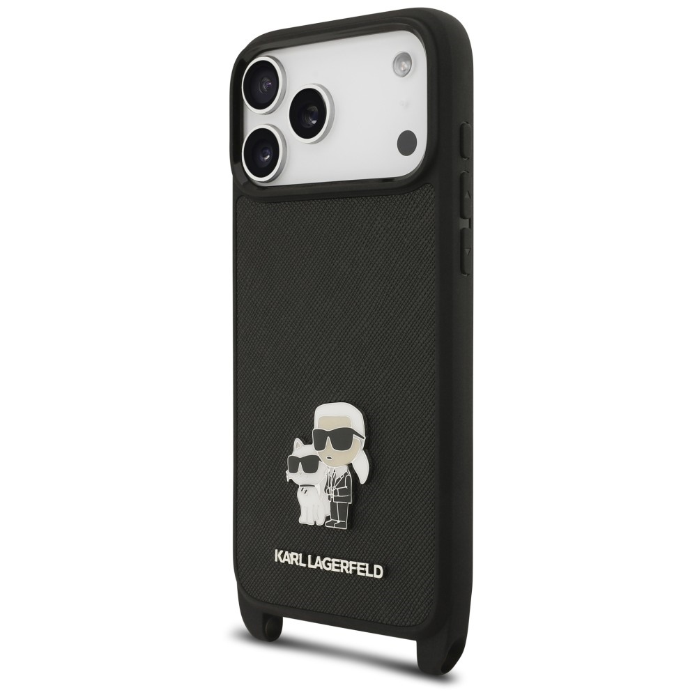 Capa Karl Lagerfeld  Saffiano Crossbody Strap Metal Karl and Choupette iPhone 17 Pro Max/ 18 Pro Max Preto