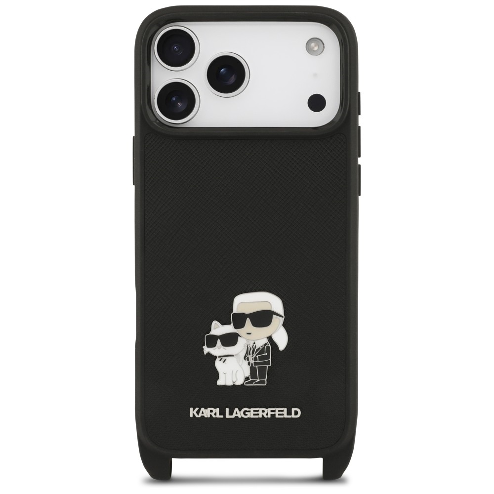 Capa Karl Lagerfeld  Saffiano Crossbody Strap Metal Karl and Choupette iPhone 17 Pro Max/ 18 Pro Max Preto