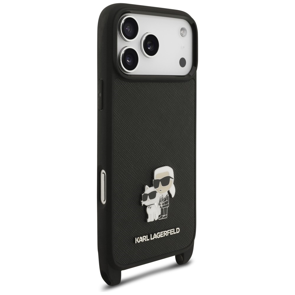 Capa Karl Lagerfeld  Saffiano Crossbody Strap Metal Karl and Choupette iPhone 17 Pro Max/ 18 Pro Max Preto