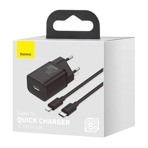 BASEUS SUPER SI 1C CARREGADOR USB-C 20W+ CABO LIGHTNING 1M BLACK