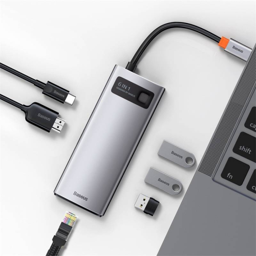 BASEUS METAL GLEAM 6IN1 MULTIFUNCIONAL TYPE-C/HUB/HDMI/RJ45/3X USB 3.0 GRAY